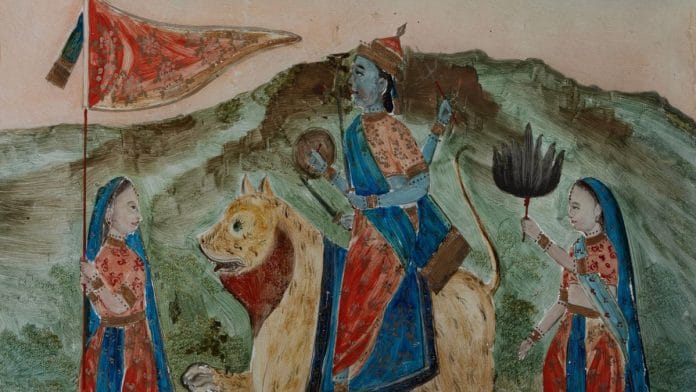 Unidentified artist | Jagaddhatri | Gouache highlighted with silver and gold pigments on glass (reverse painting), late 19th century | By special arrangement