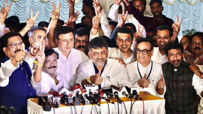 Karnataka Deputy Chief Minister DK Shivakumar addresses a press conference after Congress candidates Ajay Maken, Naseer Hussain, and G.C. Chandrashekhar won Rajya Sabha elections from the state | ANI