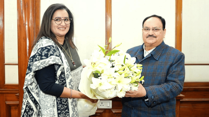 Mandya MP Sumalatha Ambareesh with BJP chief J.P. Nadda in New Delhi | Pic courtesy: X/@sumalathaA