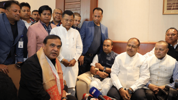 Assam Chief Minister Himanta Biswa Sarma addresses the media during a meeting with Congress MLAs Kamalakhya Dey Purkayastha and Basanta Das in Guwahati | Pic courtesy: X/@manabdeka