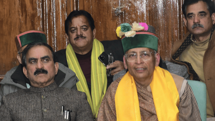 Himachal Pradesh CM Sukhvinder Singh Sukhu with Congress candidate Abhishek Manu Singhvi at a press conference after the latter lost the Rajya Sabha election | PTI