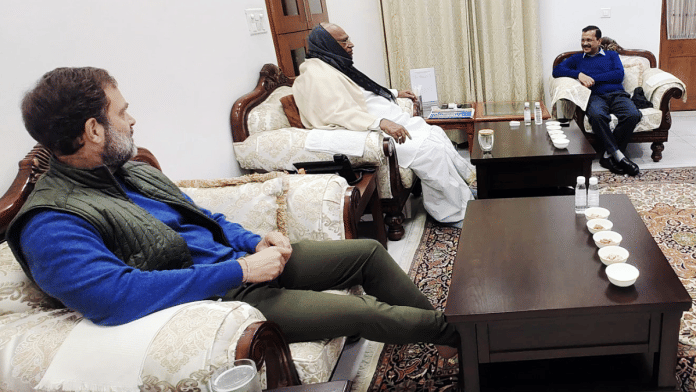 A file photo of Congress president Mallikarjun Kharge and party leader Rahul Gandhi with Delhi Chief Minister Arvind Kejriwal in New Delhi in January | ANI