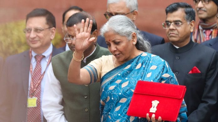 Finance Minister Nirmala Sitharaman at the Parliament ahead of Interim Budget 2024-25 announcement | ThePrint Photo | Suraj Singh Bisht