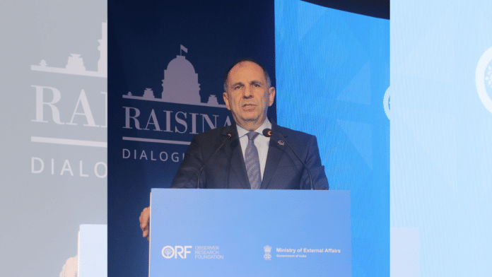 Greek Foreign Minister Giorgos Gerapetritis at the Raisina dialogue in New Delhi | X/@raisinadialogue