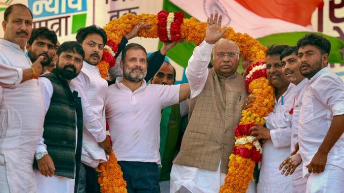Amethi: Congress President Mallikarjun Kharge with party leader Rahul Gandhi at a public meeting during the Bharat Jodo Nyay Yatra, in Amethi, Monday, Feb. 19, 2024. | PTI