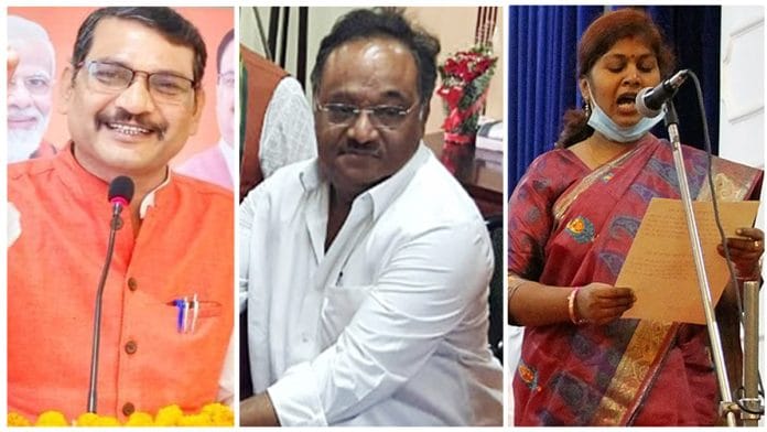 BJP candidates for the upcoming Rajya Sabha elections include (L-R) Amarpal Maurya, Samik Bhattarcharya and Sangeeta Balwant | Photos via X/@BJP_SCMorcha and ANI