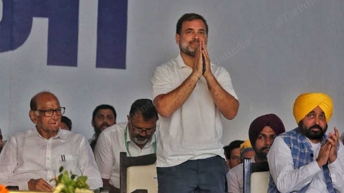 NCP chief Sharad Pawar, Congress leader Rahul Gandhi and Punjab CM Bhagwant Mann during I.N.D.I.A. bloc's 'Loktantra Bachao Rally' at Ramleela Maidan, in New Delhi, Sunday | Photo: Praveen Jain/ThePrint