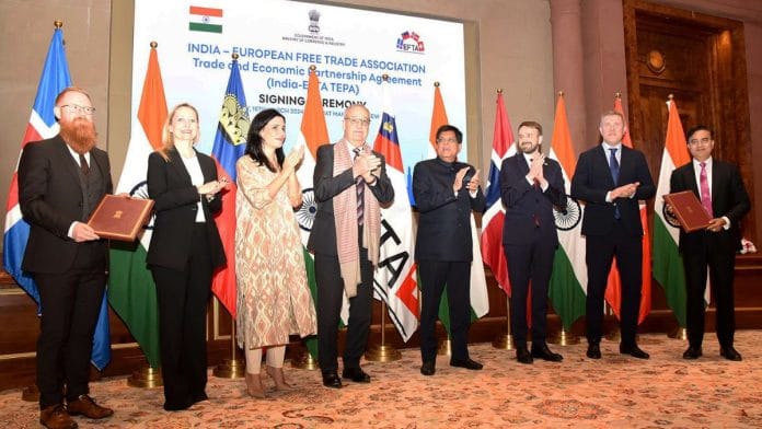 Union Minister for Commerce and Industry Piyush Goyal at the signing ceremony of the India-EFTA Trade and Economic Partnership Agreement (TEPA) at Bharat Mandapam in New Delhi on Sunday | ANI