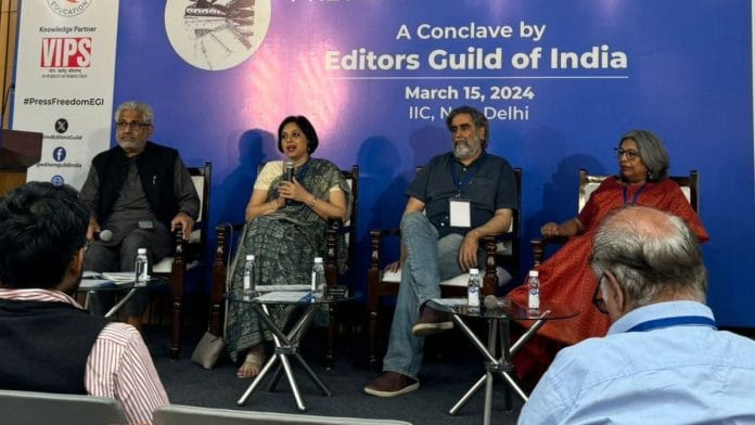 Panelists for the session titled ‘Nationalism, Propaganda and Media' at the Editors Guild Conclave | Photo: Sagrika Kissu, ThePrint
