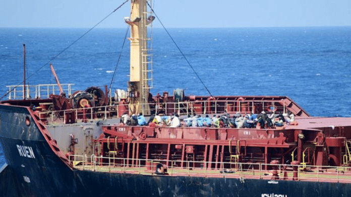 INS Kolkata cornered and coerced all 35 pirates on board hijacked vessel MV Ruen to surrender and ensured safe evacuation of 17 crew members, on Saturday. Photograph | ANI Photo