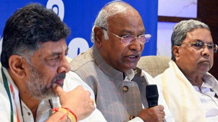 Congress President Mallikarjun Kharge (centre) with Karnataka CM Siddaramaiah & Deputy Chief D.K. Shivakumar | Photo: ANI