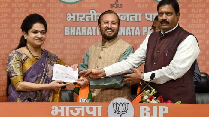 Padmaja Venugopal joins the BJP in the presence of party leader Prakash Javadekar and Kerala party chief K. Surendran in New Delhi Thursday | Photo: ANI