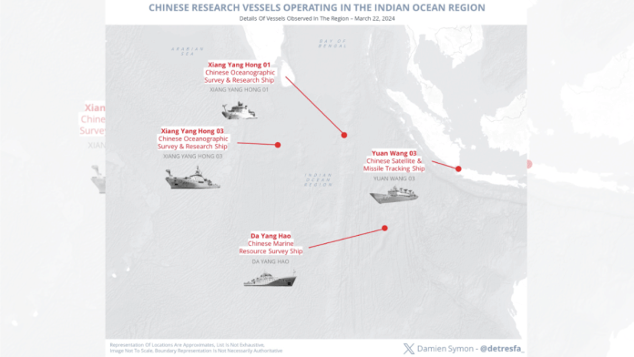 Chinese research vessels operating in the Indian Ocean Region on 22nd March | X (formerly Twitter)/ @detresfa_