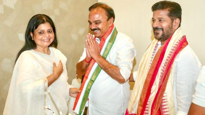 BRS MP Ranjith Reddy joins Congress in the presence of Telanagana Chief Minister Revanth Reddy and Telangana AICC in-charge Deepa Dasmunsi in Hyderabad Sunday. | ANI