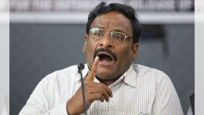 G.N. Saibaba speaking at a press conference held at Delhi’s HKS Surjeet Bhawan | Photo: Manisha Mondal, ThePrint