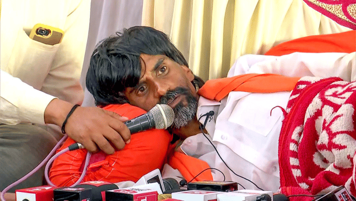 File photo of Maratha leader Manoj Jarange Patil addressing a press conference while on a hunger strike for Maratha reservation | ANI