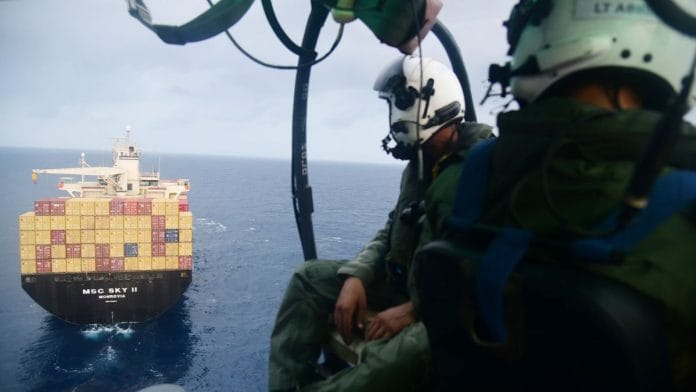 INS Kolkata mission, deployed in the Gulf of Aden, responded to a request from the MSC Sky II, a Liberian-flagged container vessel, which was reportedly attacked by a drone or a missile, approximately 90 nm South East of Aden, March 6, 2024 | ANI