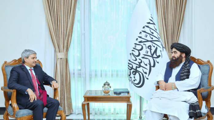 J.P. Singh, joint secretary heading MEA's division for Pakistan, Afghanistan and Iran, with Taliban foreign minister Amir Khan Muttaqi in Kabul | Pic credit: X/@QaharBalkhi