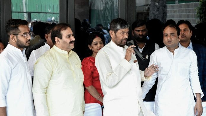 Former Union Minister and Rashtriya Lok Janshakti Party (RLJP) chief Pashupati Kumar Paras (centre) addresses a press conference on his resignation as Union Minister in New Delhi, Tuesday | ANI