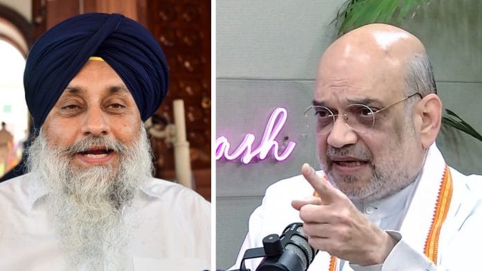 File photos of Shiromani Akali Dal (SAD) MP Sukhbir Singh Badal and Union Home Minister Amit Shah | ANI