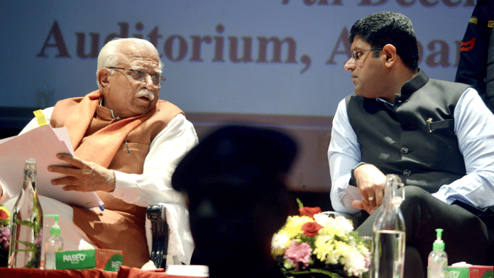 File photo of Haryana CM Manohar Lal Khattar & Deputy CM Dushyant Chautala | ANI