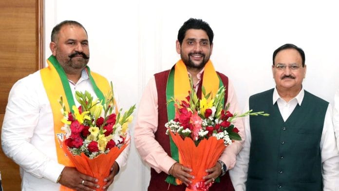 Former AAP leaders Sushil Kumar Rinku (left) and Sheetal Angural being welcomed by BJP national president JP Nadda after joining party in New Delhi. | ANI