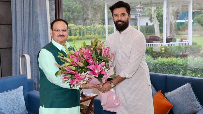LJP (Ram Vilas) chief Chirag Paswan with BJP national president J.P. Nadda on 13 March | X/iChiragPaswan