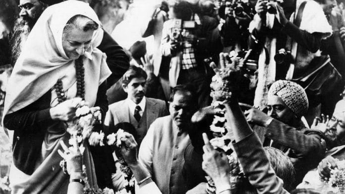 Indira Gandhi receives garlands of flowers from people after winning the 1980 elections