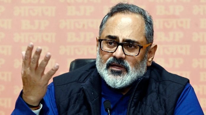 File photo of Union Minister of State for Skill Development and Entrepreneurship Rajeev Chandrasekhar addresses a press conference | ANI