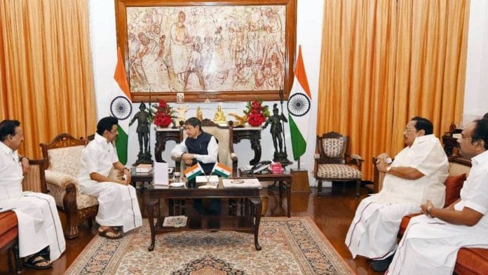 Tamil Nadu CM M.K. Stalin with K. Ponmudy and Governor R.N. Ravi | Photo: ANI