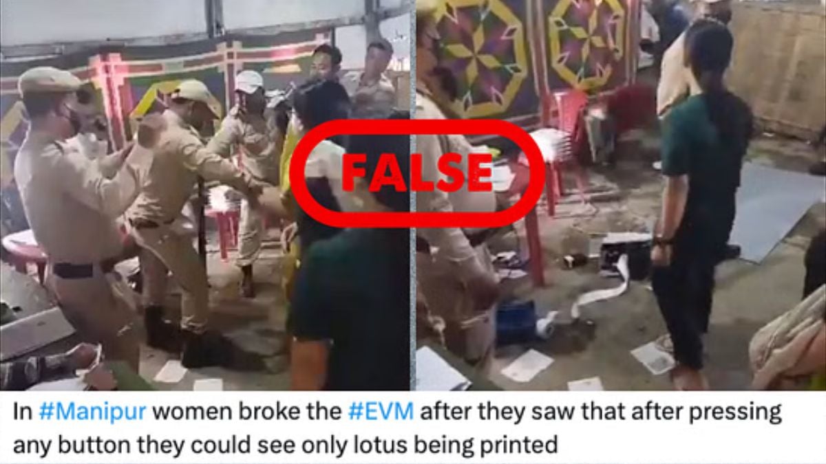 Image accompanying Women in Manipur broke EVMs after they generated paper slips with the BJP's lotus symbol irrespective of which button they pressed.