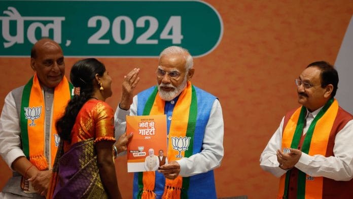 Prime Minister Narendra Modi, Defence Minister Rajnath Singh and BJP national president JP Nadda release the BJP manifesto at the party office in New Delhi Sunday | Suraj Singh Bisht | ThePrint