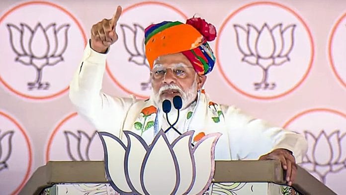 Prime Minister Narendra Modi addresses a public meeting for Lok Sabha elections, in Tonk district, Rajasthan, Tuesday | PTI Photo