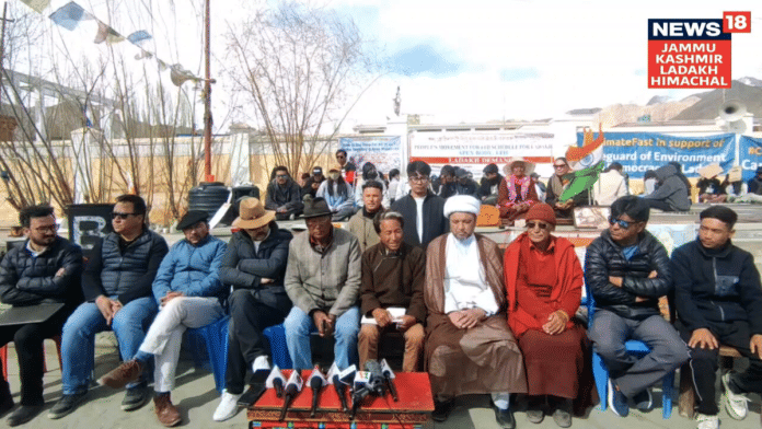 LAB leaders, including its chairman Chering Dorjay and climate activist Sonam Wangchuk address a press conference on 6th April | Screen grab from X(formerly Twitter)/@Wangchuk66