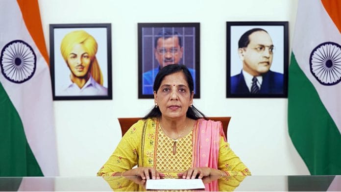 Delhi CM Arvind Kejriwal's wife Sunita Kejriwal issues a video statement on his behalf for the MLAs of Delhi | Photo: ANI