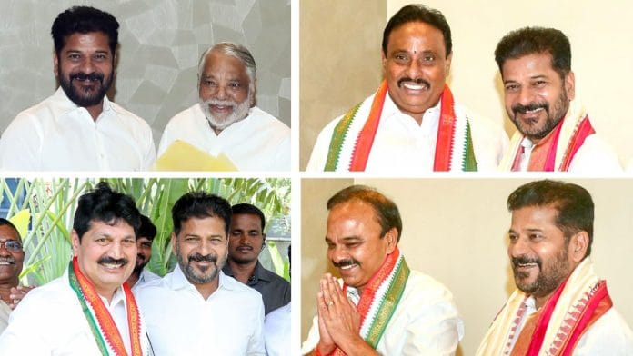 (Clockwise from Left) K. Keshava Rao, Danam Nagender, Ranjith Reddy and Tellam Venkat Rao with Telangana CM Revanth Reddy | ANI file