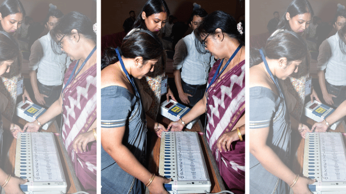 An official demonstrates how to use Electronic Voting Machine (EVM) during a training programme ahead of Lok Sabha polls in Guwahati | ANI