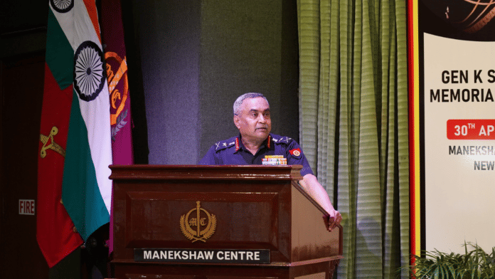 Army chief General Manoj Pande delivers keynote address highlighting India's role as an emerging nation in regional & global context, in New Delhi on Tuesday | Pic credit:X/@adgpi