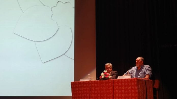 Former Cultural Secretary Raghvendra Singh with William Dalrymple during the talk on India's Roots and Routes at IIC | Photo: Krishan Murari/ThePrint