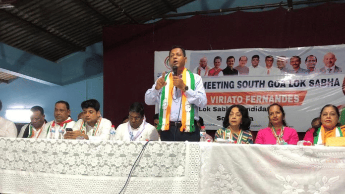 Congress South Goa candidate Viriato Fernandes at an election meeting | Credit: @ViriatoFern/Twitter