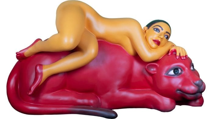 Hathyogini-Kali by Gogi Saroj Pal. Polyurethane colour on fibreglass with wooden base 2021-24 | DAG