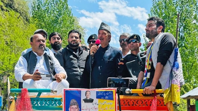 Democratic Progressive Azad Party (DPAP) chairman Ghulam Nabi Azad addresses a public rally in support of party candidate for Udhampur-Jammu Lok Sabha seat G M Saroori at Banihal, in Ramban on Tuesday | ANI