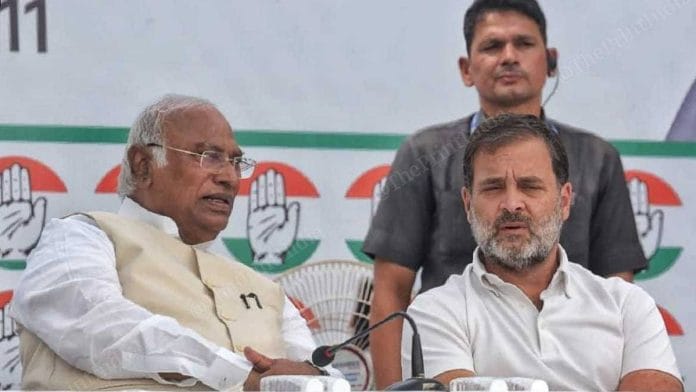 Congress President Mallikarjun Kharge and Wayanad MP Rahul Gandhi at the launch of the party manifesto in New Delhi | File Photo | Praveen Jain | ThePrint