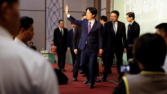 Taiwan President-elect Lai Ching-te speaks waves during a press conference where incoming cabinet members are announced, in Taipei, Taiwan, 25 April, 2024. Reuters/Carlos Garcia Rawlins