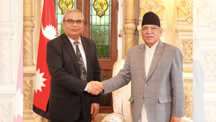 Secretary General of BIMSTEC Indra Mani Pandey (left) brief Nepal's PM Pushpa Kamal Dahal (Prachanda) (right) on BIMSTEC's state of progress | X(formerly Twitter)/@BimstecInDhaka