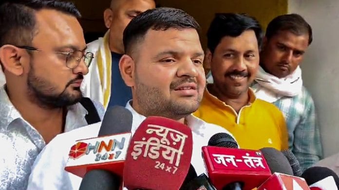 BJP candidate from Kaiserganj Lok Sabha seat and son of party's MP Brij Bhushan Sharan Singh, Karan Bhushan Singh speaks to the media on getting ticket for the Lok Sabha seat, in Gonda on 2 May. (ANI Photo)