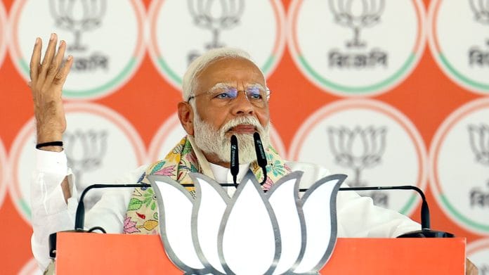 Prime Minister Narendra Modi addresses a public meeting in support of the Bharatiya Janata Party (BJP) candidate from Bardhaman Durgapur seat Dilip Ghosh for the third phase of the Lok Sabha elections, in Bardhaman on Friday | ANI Photo