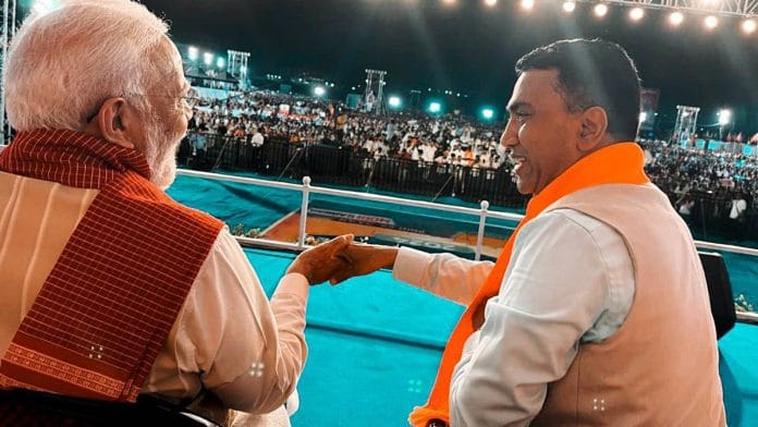 Goa CM Pramod Sawant (right) with Prime Minister Narendra Modi at a public meeting for the Lok Sabha elections in south Goa last month | Photo: ANI