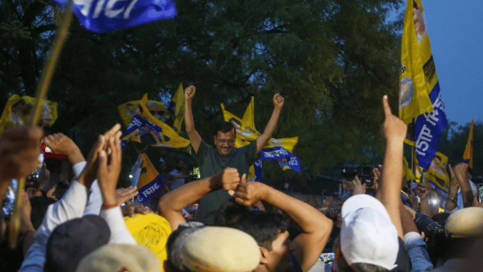 Delhi Chief Minister and AAP chief Arvind Kejriwal with AAP workers after coming out of Tihar jail on Friday | Suraj Singh Bisht | ThePrint
