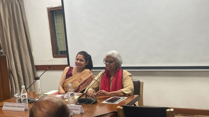 Prerna Singh Bindra (left), wildlife conservationist, with Prakriti Srivastava, a former forest service officer at Indian International Centre. | Triya Gulati | ThePrint